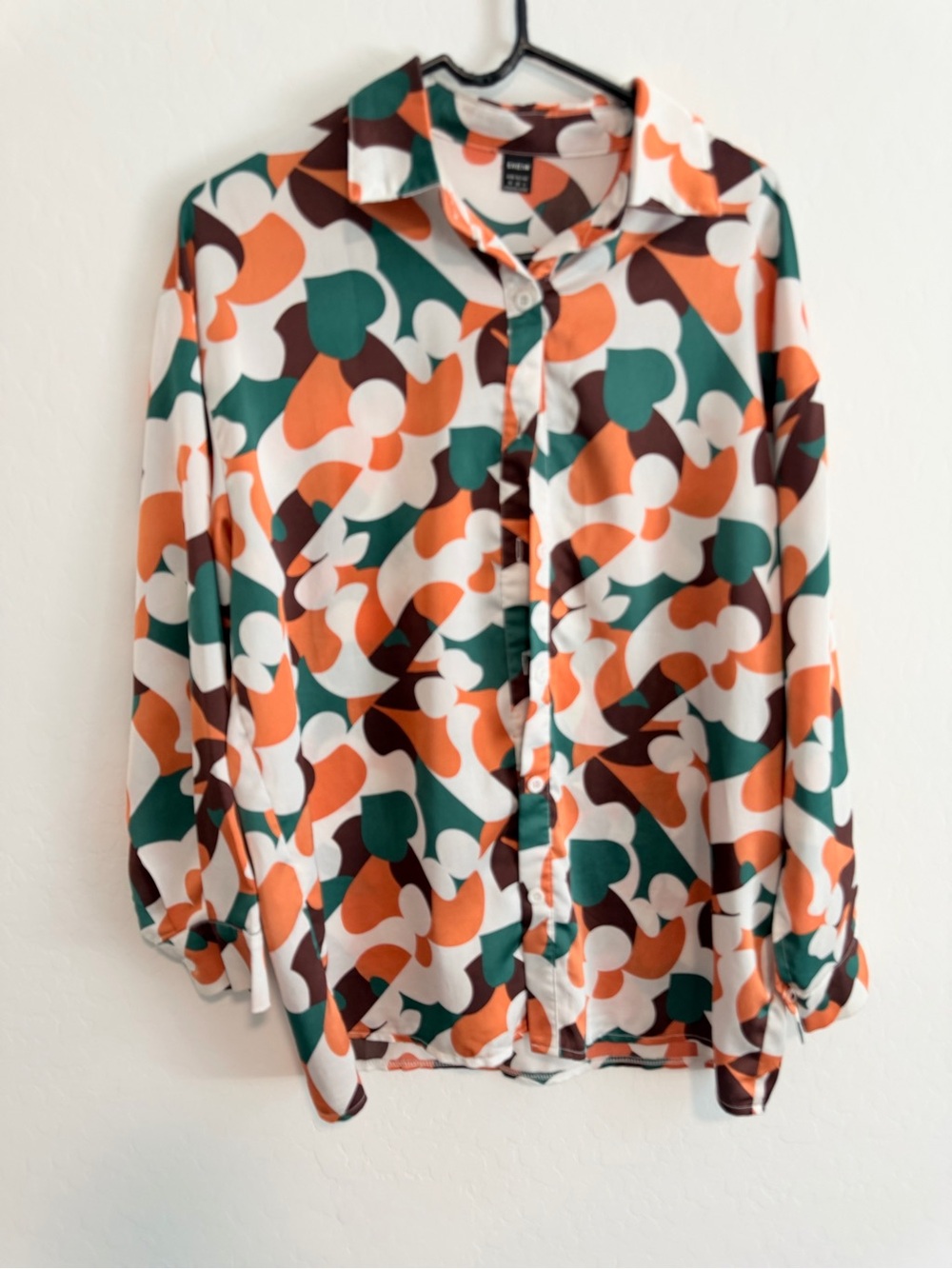 SHEIN Green, Orange & White Abstract Button-Down Shirt